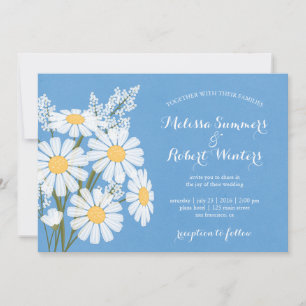 Elegant Floral White Daisies Blue Wedding Einladung