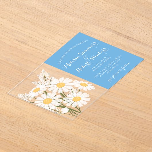 Elegant Floral White Daisies Bouquet Wedding Blue Acryleinladungen (Ablage )