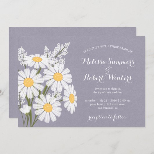 Elegant Floral White Daisies Lavender Wedding Einladung (Vorne/Hinten)