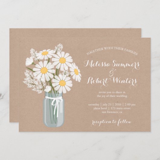 Elegant Floral White Daisies Mason Jar Wedding Einladung (Vorne/Hinten)