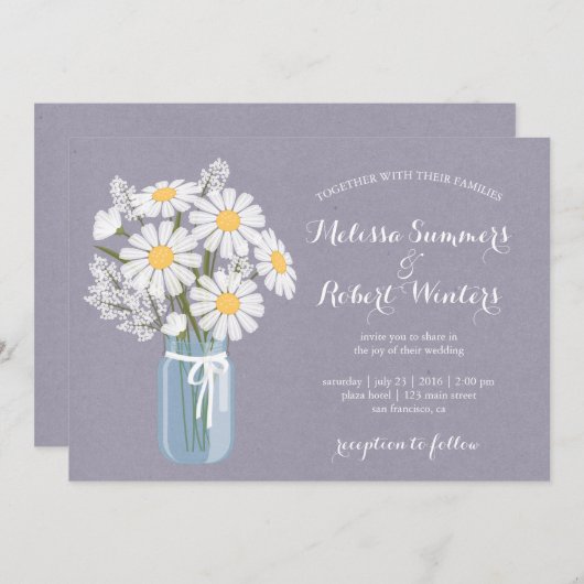 Elegant Floral White Daisies Mason Jar Wedding Einladung (Vorne/Hinten)