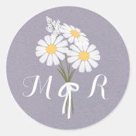Elegant Floral White Daisies Monogram Wedding Runder Aufkleber