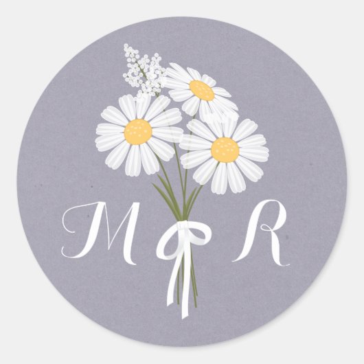 Elegant Floral White Daisies Monogram Wedding Runder Aufkleber (Vorderseite)