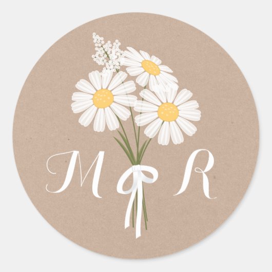 Elegant Floral White Daisies Monogram Wedding Runder Aufkleber (Vorderseite)