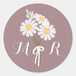 Elegant Floral White Daisies Monogram Wedding Runder Aufkleber