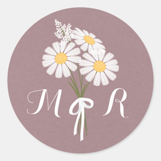 Elegant Floral White Daisies Monogram Wedding Runder Aufkleber (Vorderseite)