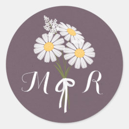 Elegant Floral White Daisies Monogram Wedding Runder Aufkleber