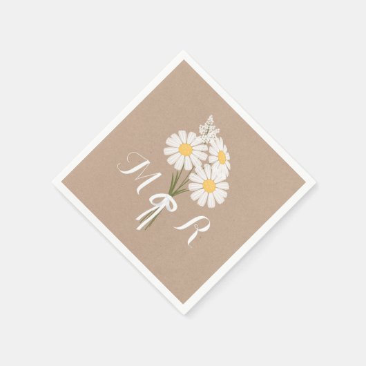 Elegant Floral White Daisies Monogram Wedding Serviette (Ecke)