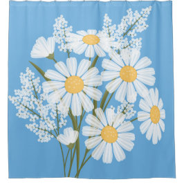 Elegant Floral White Daisies on Blue Duschvorhang