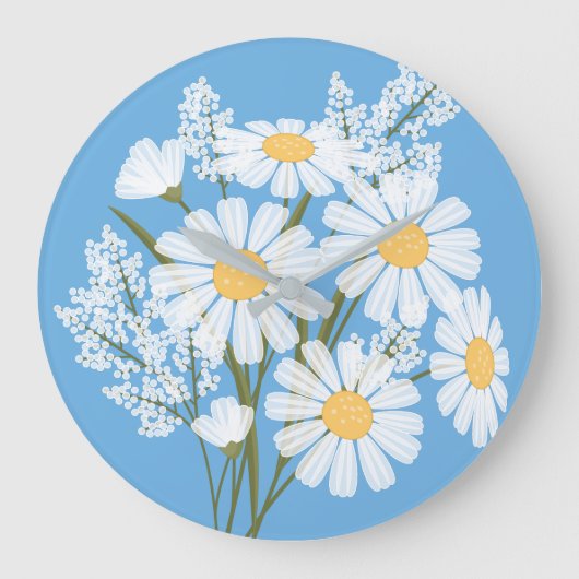 Elegant Floral White Daisies on Blue Große Wanduhr (Vorderseite)