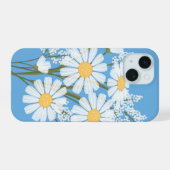 Elegant Floral White Daisies on Blue iPhone 15 Hülle (Rückseite (Horizontal))
