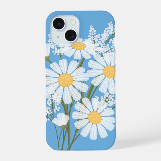 Elegant Floral White Daisies on Blue iPhone 15 Hülle (Rückseite)