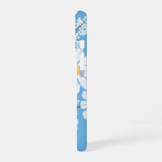 Elegant Floral White Daisies on Blue iPhone 16 Hülle (Linke Seite)
