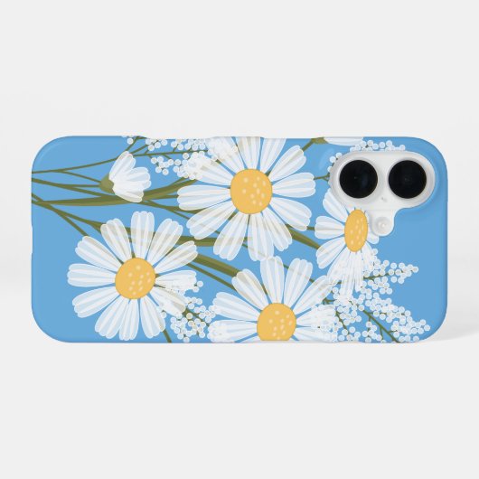 Elegant Floral White Daisies on Blue iPhone 16 Hülle (Rückseite (Horizontal))