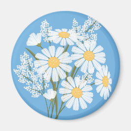 Elegant Floral White Daisies on Blue Magnet