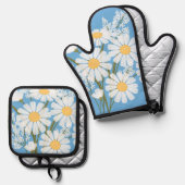 Elegant Floral White Daisies on Blue Ofenhandschuh & Topflappen-Set (Vorderseite/Rückseite)