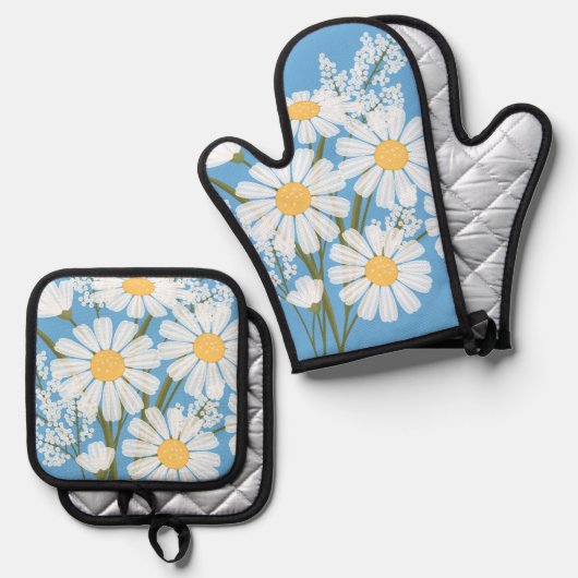 Elegant Floral White Daisies on Blue Ofenhandschuh & Topflappen-Set (Vorderseite/Rückseite)