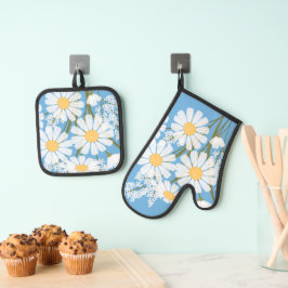 Elegant Floral White Daisies on Blue Ofenhandschuh & Topflappen-Set