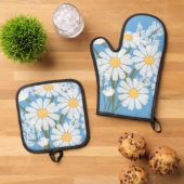 Elegant Floral White Daisies on Blue Ofenhandschuh & Topflappen-Set (Oben Unten)