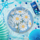 Elegant Floral White Daisies on Blue Pappteller (Party)