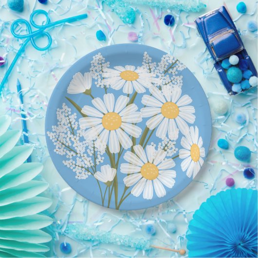Elegant Floral White Daisies on Blue Pappteller (Party)