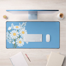 Elegant Floral White Daisies on Blue Schreibtischunterlage