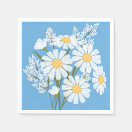 Elegant Floral White Daisies on Blue Serviette