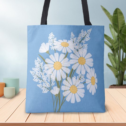 Elegant Floral White Daisies on Blue Tasche