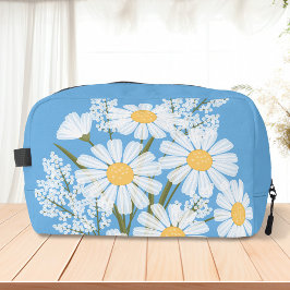 Elegant Floral White Daisies on Blue Waschbeutel