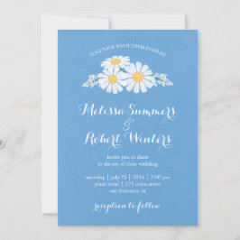 Elegant Floral White Daisies on Blue Wedding Einladung