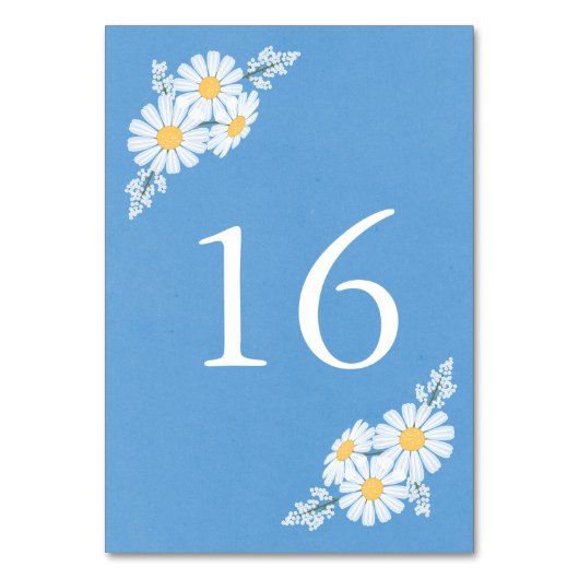 Elegant Floral White Daisies on Blue Wedding Tischnummer (Vorderseite)