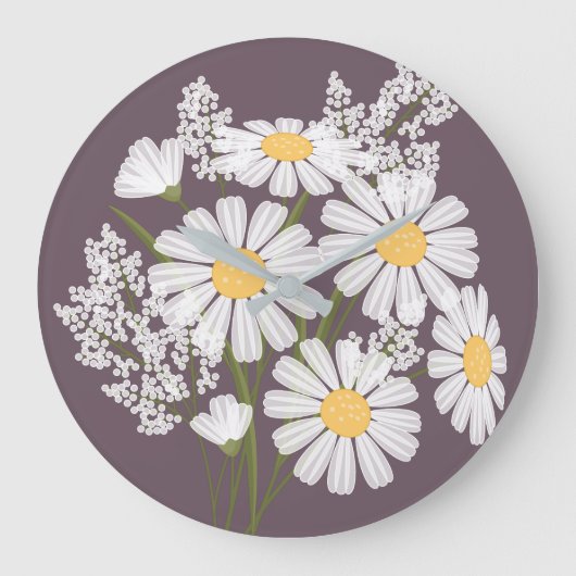 Elegant Floral White Daisies on Dark Lila Große Wanduhr (Vorderseite)