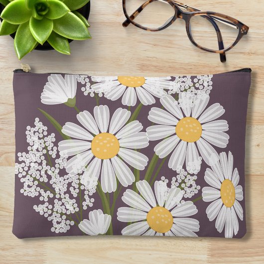 Elegant Floral White Daisies on Dark Lila Zubehörtasche