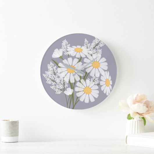 Elegant Floral White Daisies on Lavender Große Wanduhr (Zuhause)