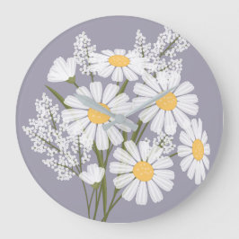 Elegant Floral White Daisies on Lavender Große Wanduhr