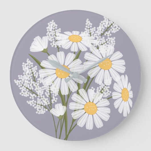 Elegant Floral White Daisies on Lavender Große Wanduhr (Vorderseite)