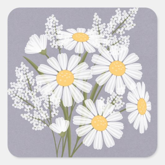 Elegant Floral White Daisies on Lavender Wedding Quadratischer Aufkleber (Vorderseite)