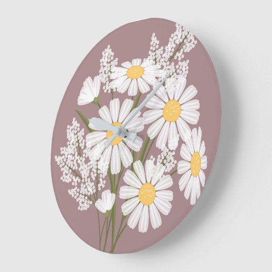 Elegant Floral White Daisies on Rosy Brown Große Wanduhr (Winkel)