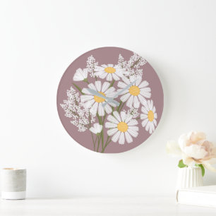 Elegant Floral White Daisies on Rosy Brown Große Wanduhr
