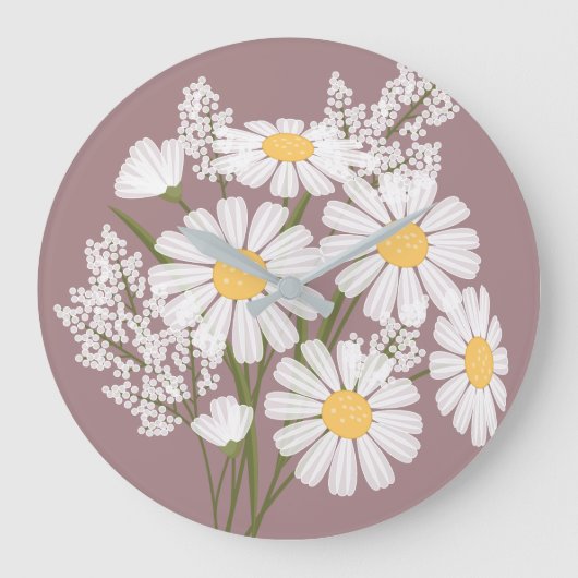 Elegant Floral White Daisies on Rosy Brown Große Wanduhr (Vorderseite)