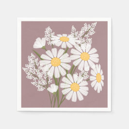 Elegant Floral White Daisies on Rosy Brown Serviette