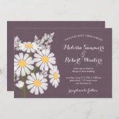 Elegant Floral White Daisies Plum Wedding Einladung (Vorne/Hinten)