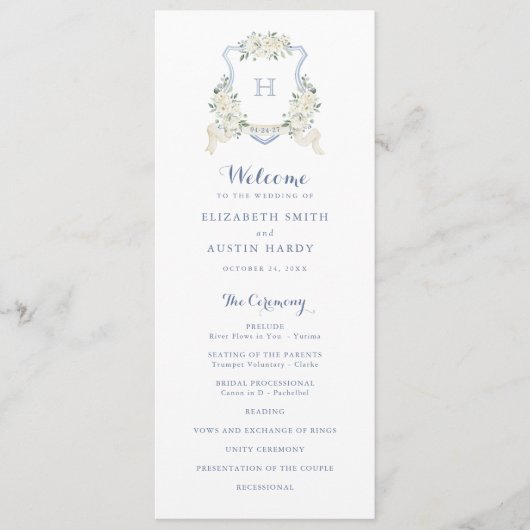 Elegant Floral White Greenery Crest Blue Wedding Programm (Vorderseite)
