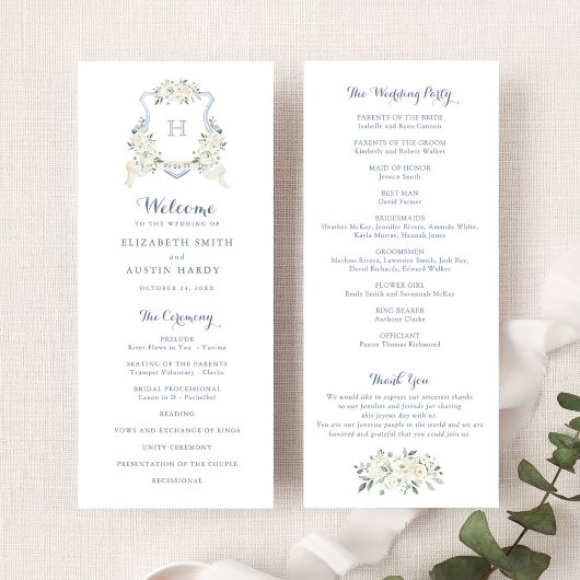 Elegant Floral White Greenery Crest Blue Wedding Programm