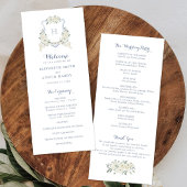 Elegant Floral White Greenery Crest Blue Wedding Programm