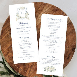Elegant Floral White Greenery Crest Blue Wedding Programm