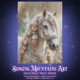 Elegant Floral White Horse Cottagecore Decoupage Seidenpapier