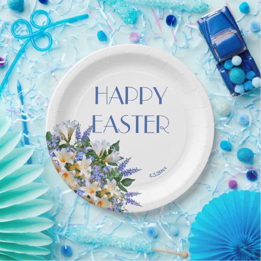 Elegant Floral White Lilies Blue 'Happy Oaster' Pappteller (Party)