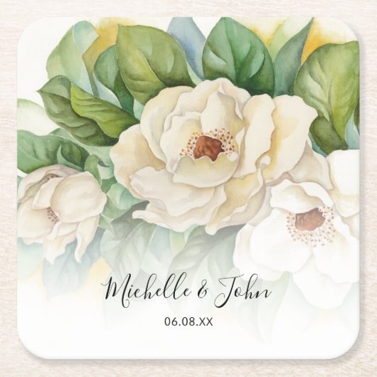Elegant Floral White Magnolia Skriptnamen Hochzeit Rechteckiger Pappuntersetzer (Vorderseite)