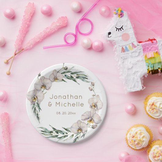 Elegant Floral White Orchids Personalized Wedding Pappteller (Party)